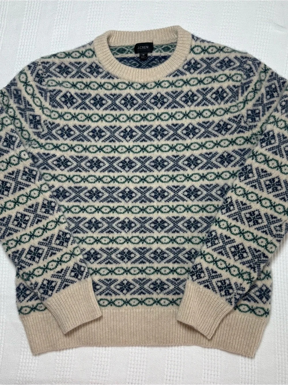 J.Crew Men's Fair Isle Lambswool Crewneck Sweater Sesame Blue Medium
